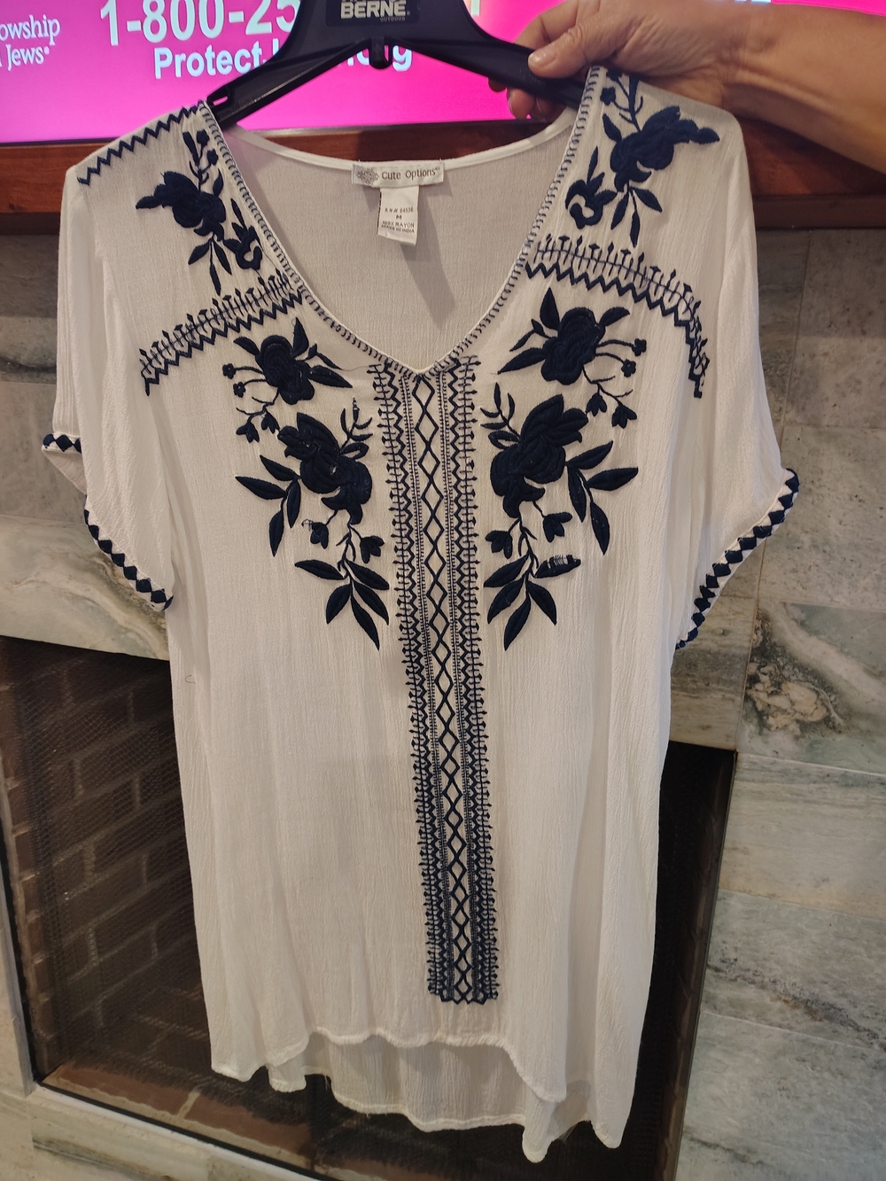 Cute Options White V-Neck Embroidered Tunic with Navy Floral Detail
